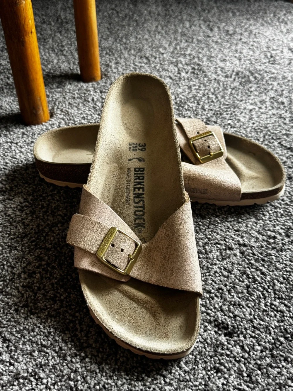 Birkenstock Beige Suede Single Strap Slide with Gold Buckle